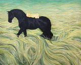 Большая горизонтальная детализированная картина с черной лошадью конем и золотым младенцем ребенком в зеленом поле. Large horizontal detailed painting featuring a black horse and a golden baby in the green field.