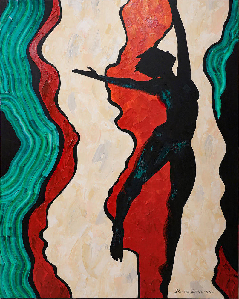 Powerful large contrasting textured painting lava fire red malachite black figure emerging through smoke