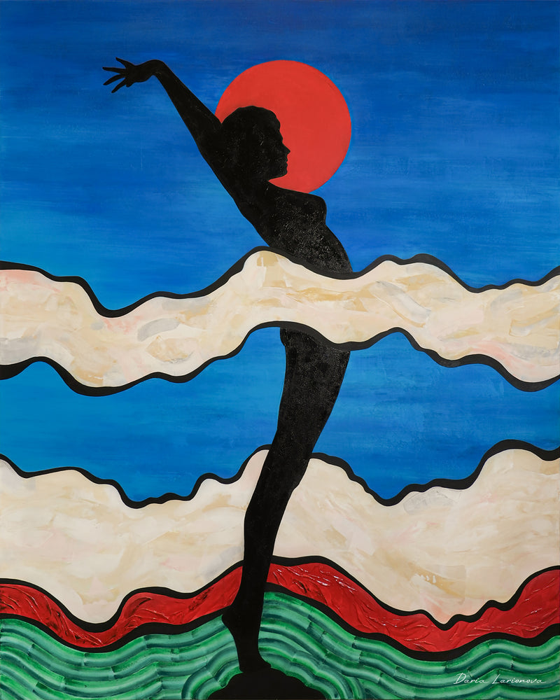 Large expressionist acrylic painting featuring a female silhouette against a vibrant blue background size 152cm by 122cm.