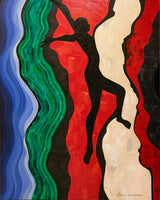 Large acrylic painting contrasting red black malachite black figure jumping through obstacle 