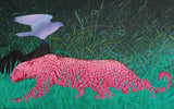pink jaguar and bird grass large horizontal painting mid century