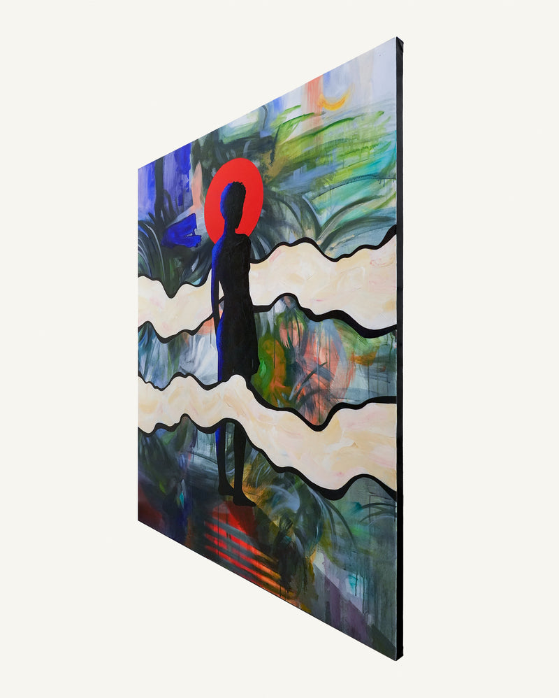 60 inch by 48 inch large canvas painting 152 cm by 122cm contrasting colors red black green and blue abstraction jungle