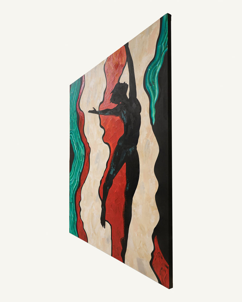 152cm by 122cm 60 inch by 48 inch painting contrasting abstract expressionist female body jump